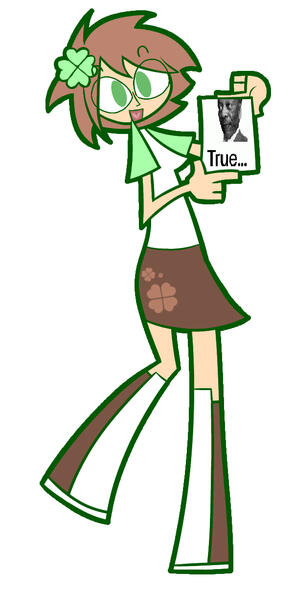 Image of Clover, a cartoony drawn woman with short light brown hair wearing a green clover-shaped hairpin, t-shirt with light green sleeves, brown skirt with light brown clovers on it, brown knee high sneakers. She's standing, smiling and showing a black a