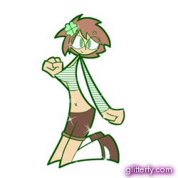 GIF of Clover, a cartoony drawn woman with short light brown hair wearing a green clover-shaped hairpin, striped crop top, brown shorts, white kneesocks and brown shoes. She's on her knees and smiling at the camera. The gif makes her look sparkly, there ar